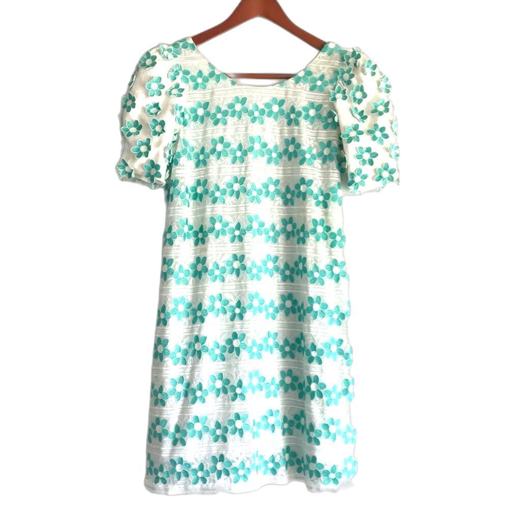 See by Chloe Lace and Floral Appliqué Puff Sleeve Shift Dress Size 6